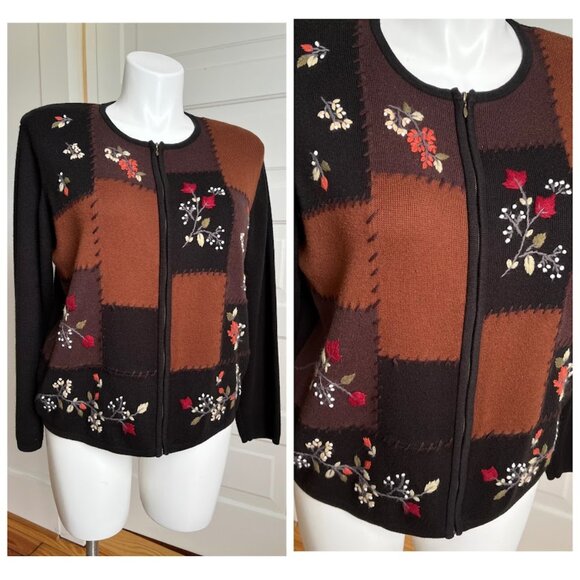 90s fall embroidered zip up cardigan - Picture 1 of 6